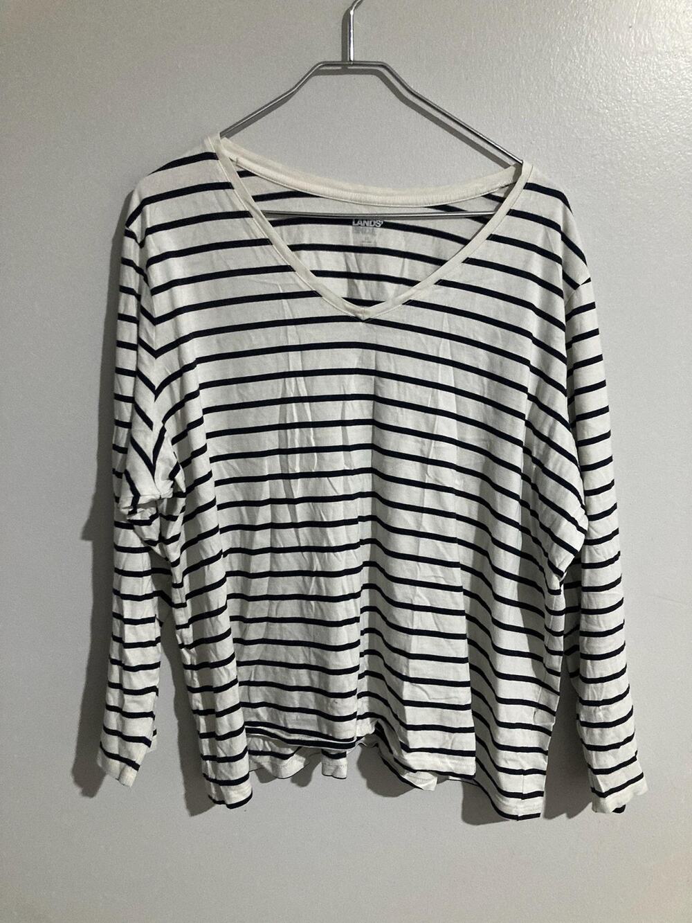 Lands' End T-Shirt Womens L White Striped V-Neck Long Sleeve Lightweight
